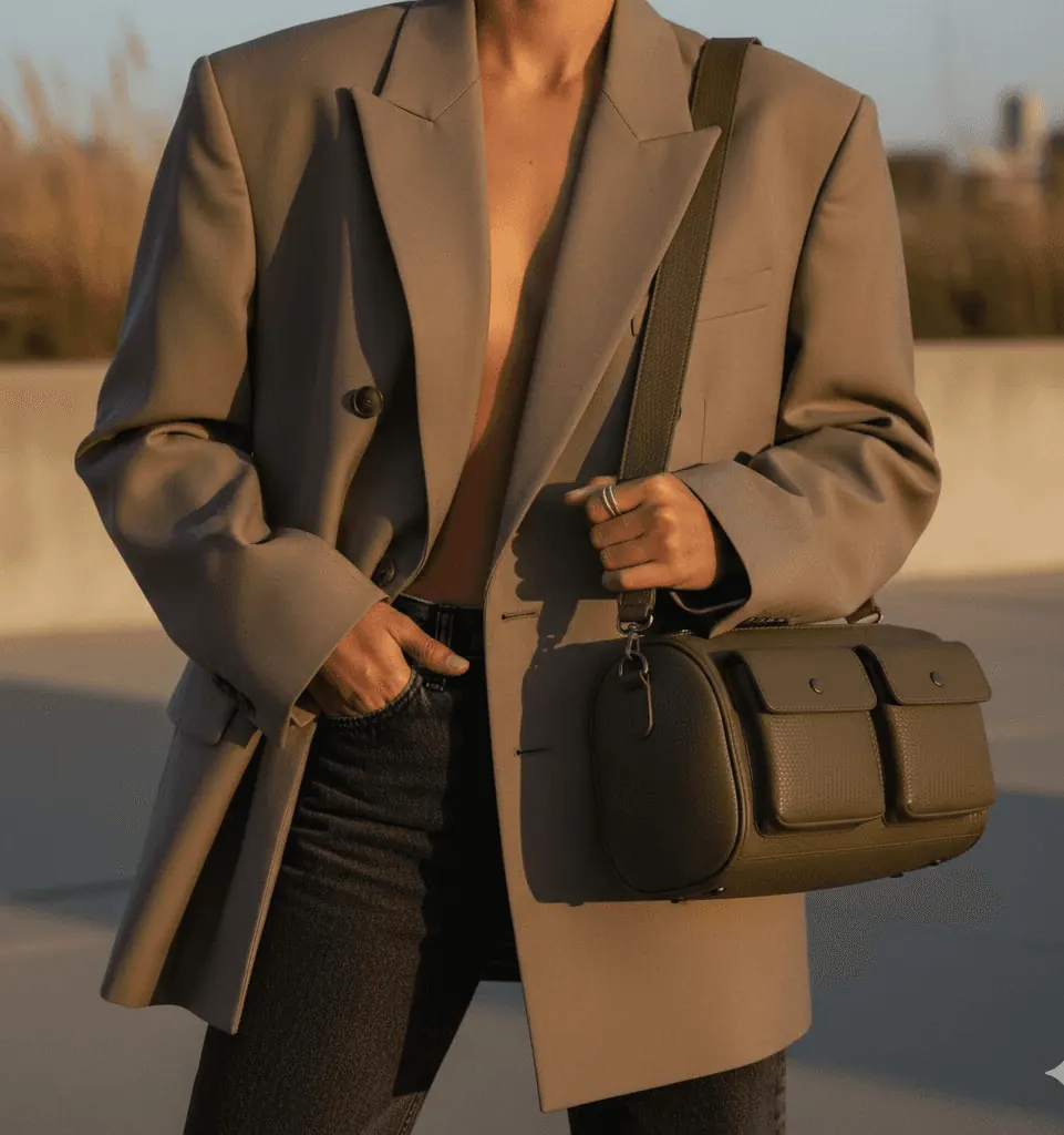 Woman holding a dark green bag