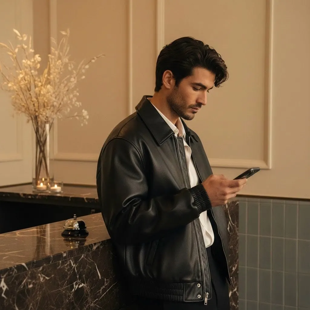 Young man in a black double-breasted leather jacket and jeans