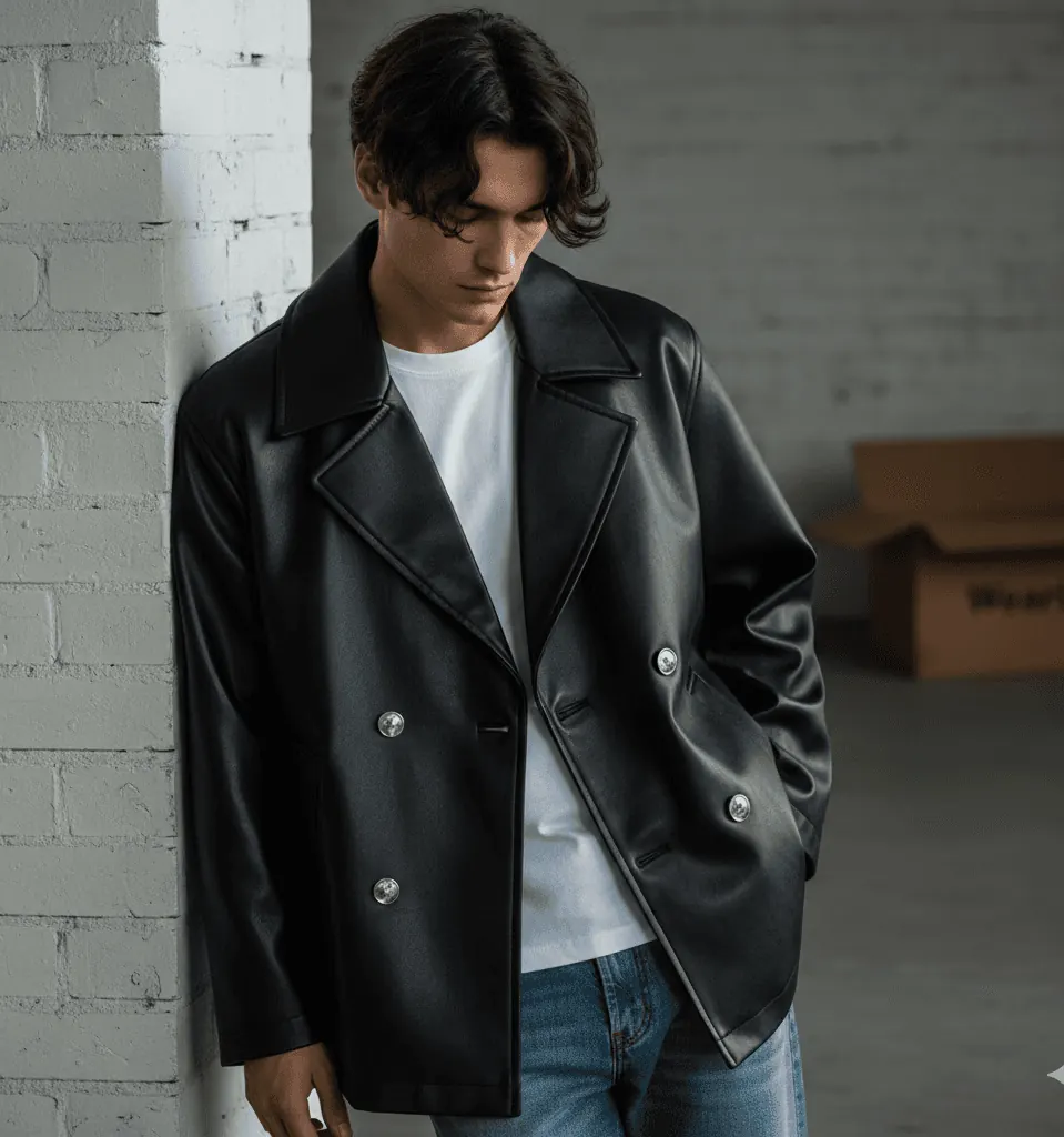 Young man in a black double-breasted leather jacket and jeans