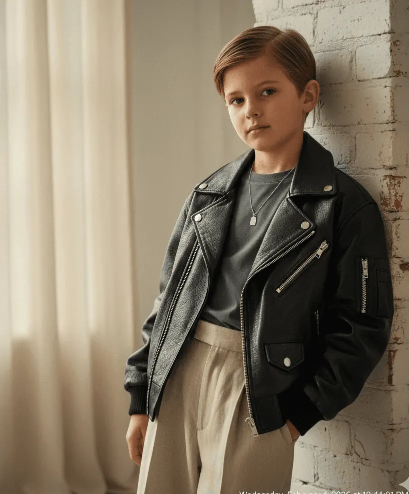 Child with brown hair in a black jacket