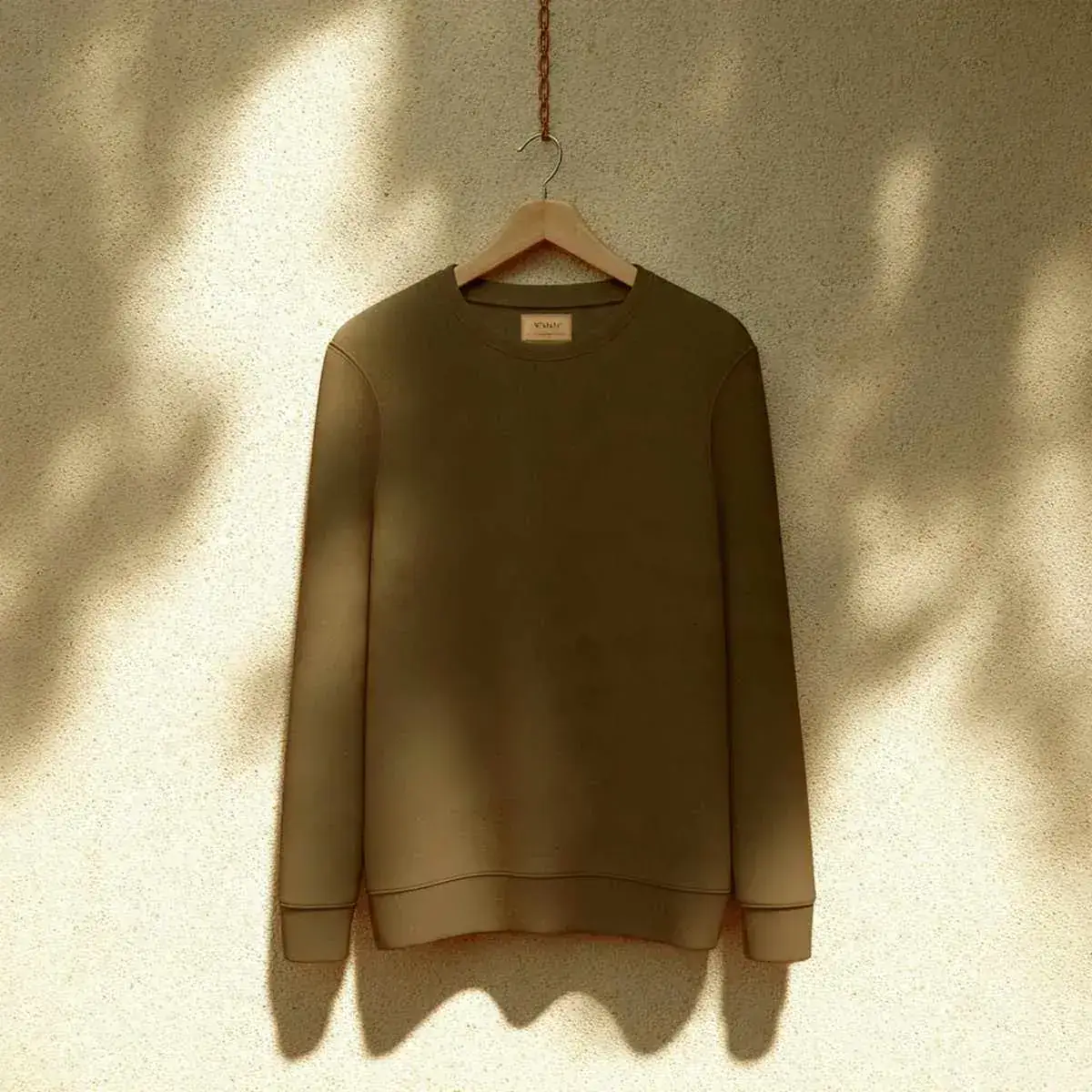 Olive crew-neck sweatshirt on a wooden hanger against a sunlit wall