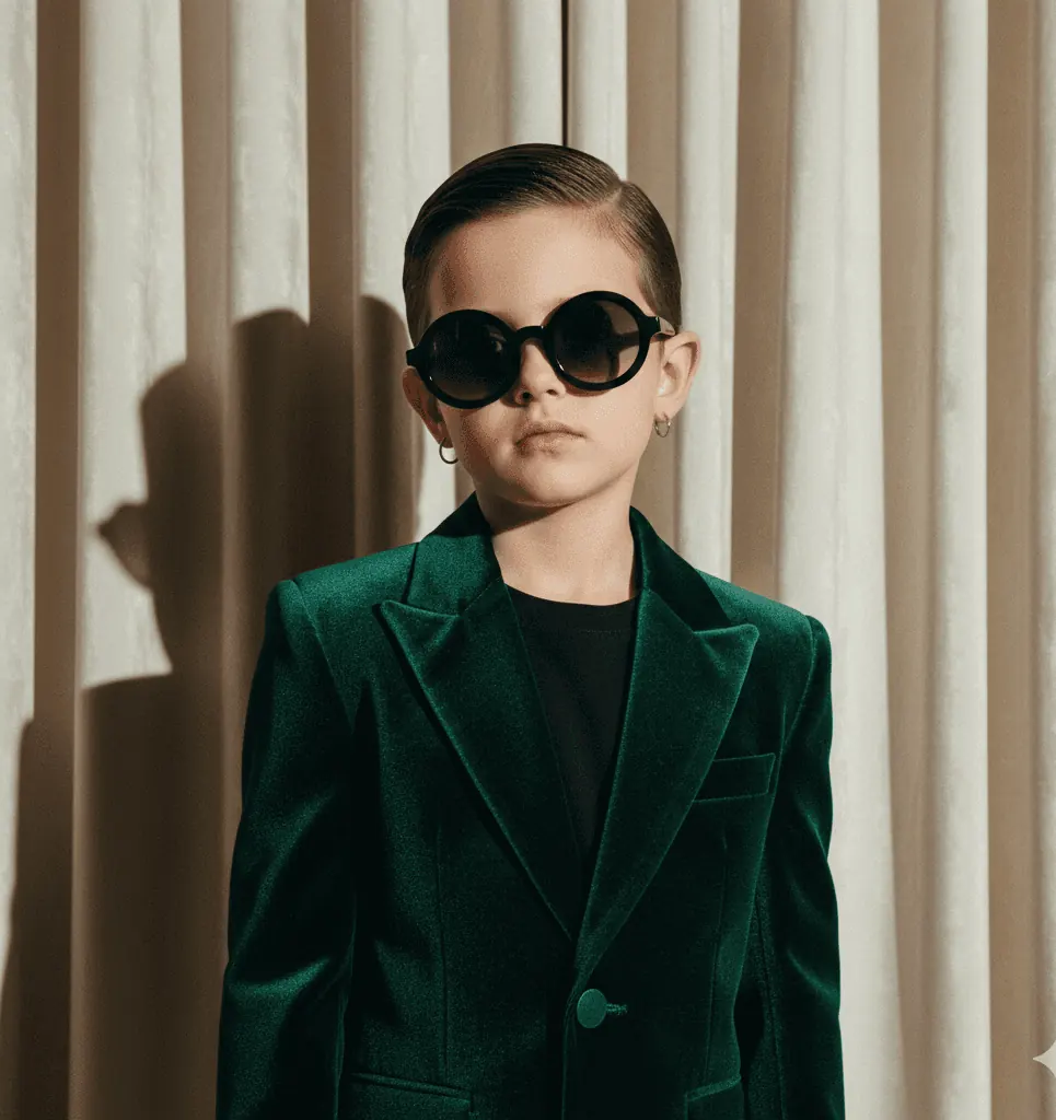 Child in a green blazer and black glasses