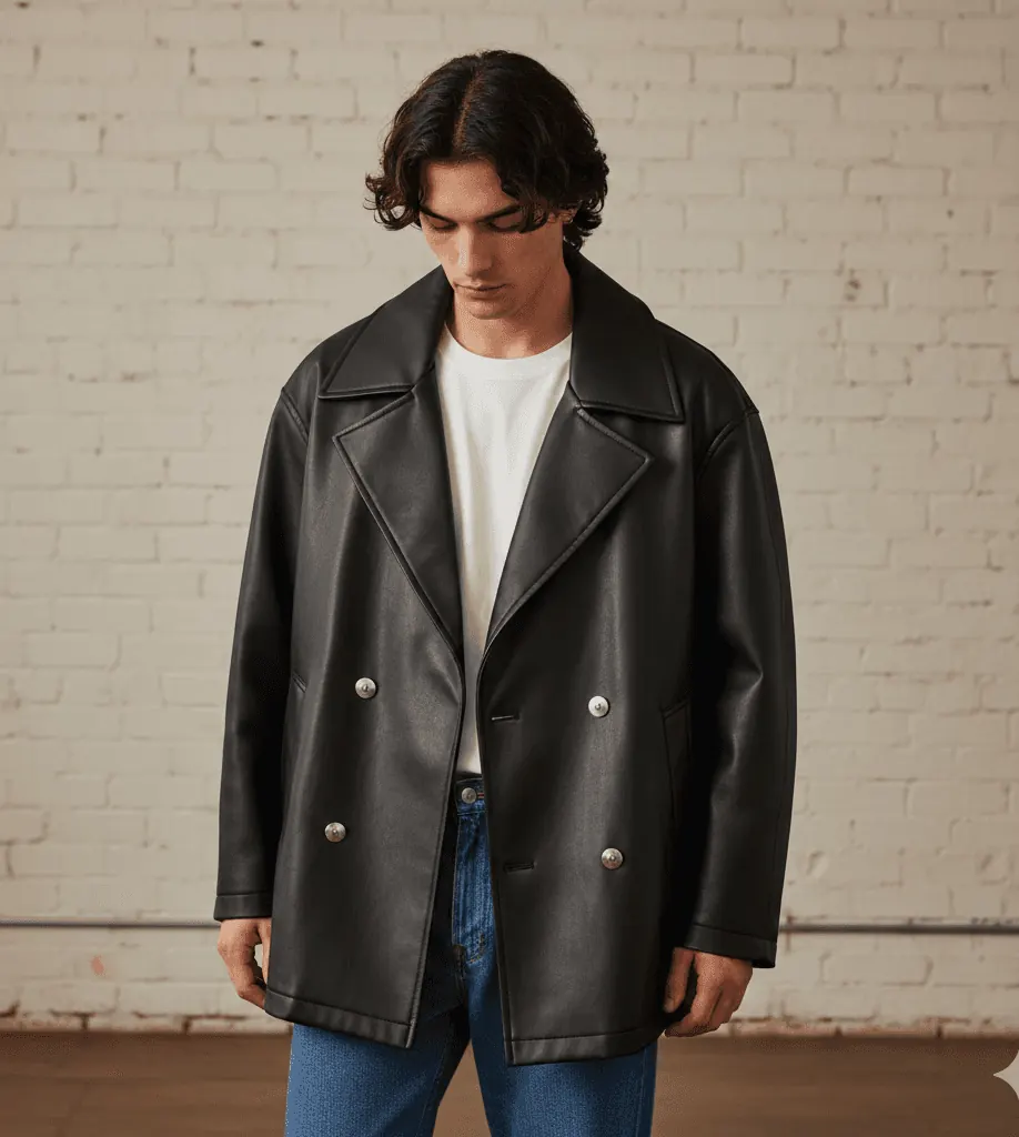 Young man in a black double-breasted leather jacket and jeans