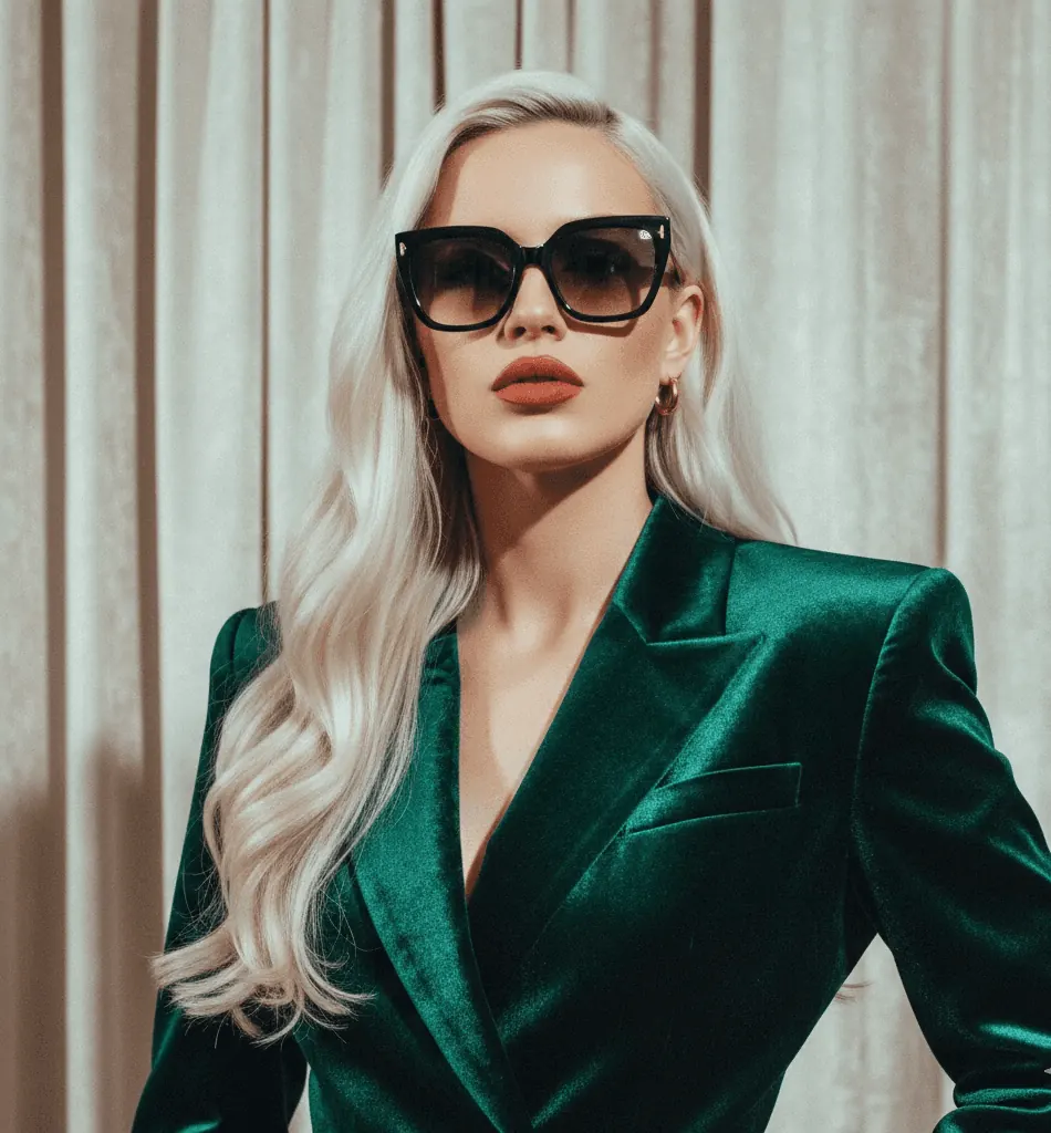 Woman in a green blazer and black glasses