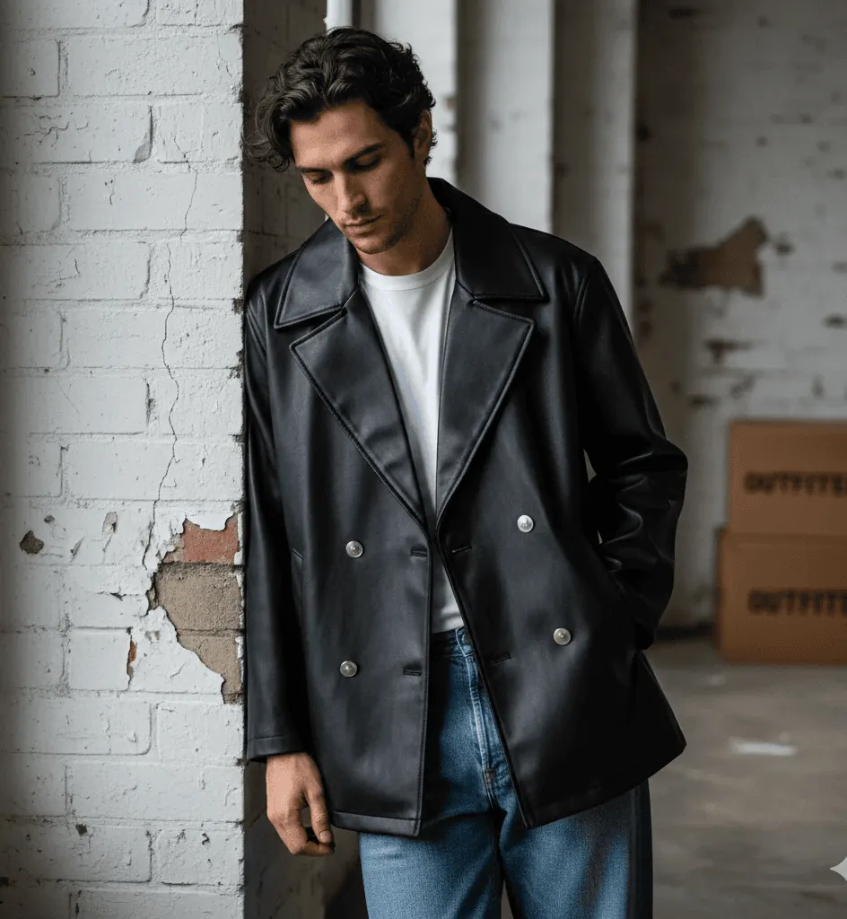 Young man in a black double-breasted leather jacket and jeans by a white wall