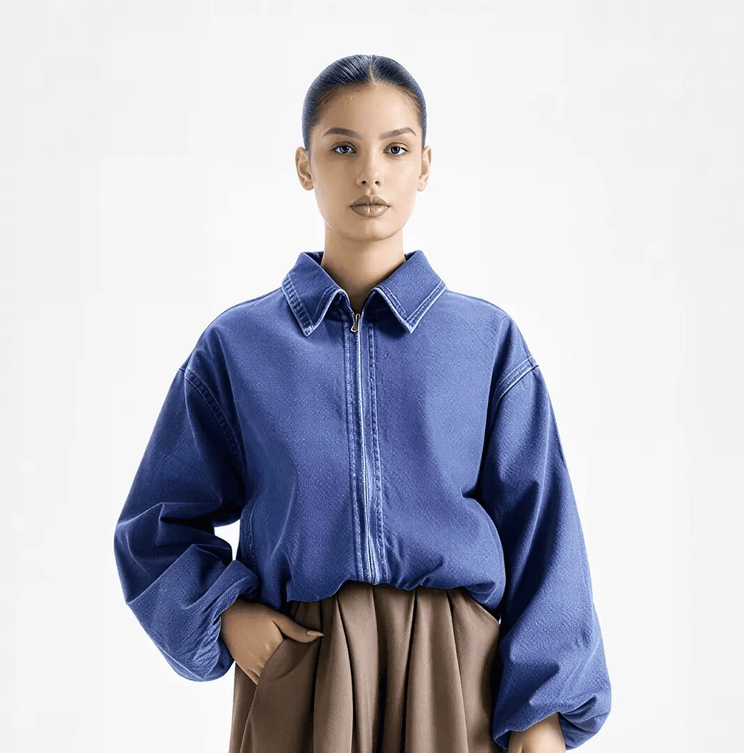Woman in a blue leather jacket