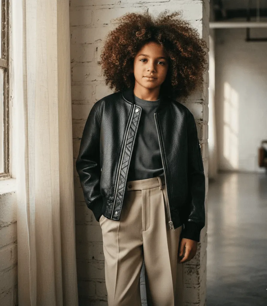 Child with curly hair in a black jacket