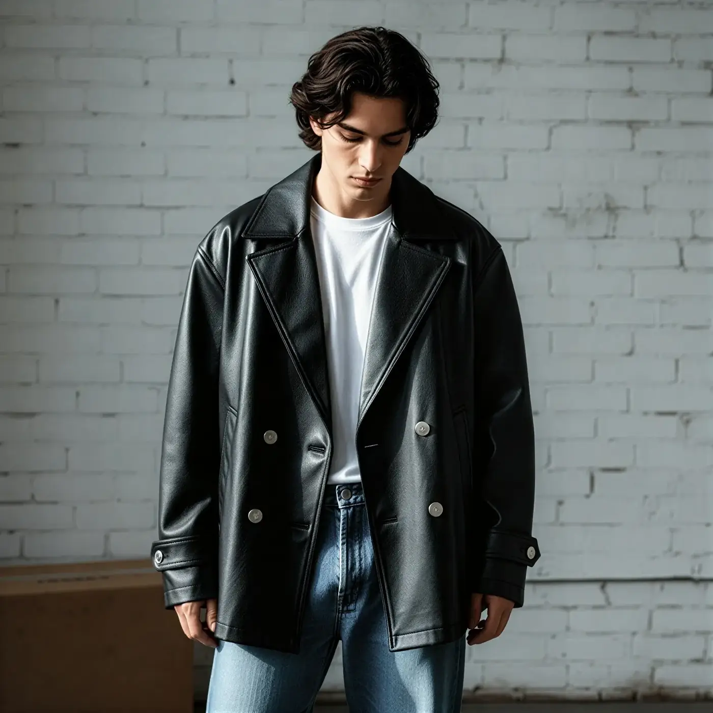 Man in an oversized black double-breasted leather jacket, white T-shirt and blue jeans