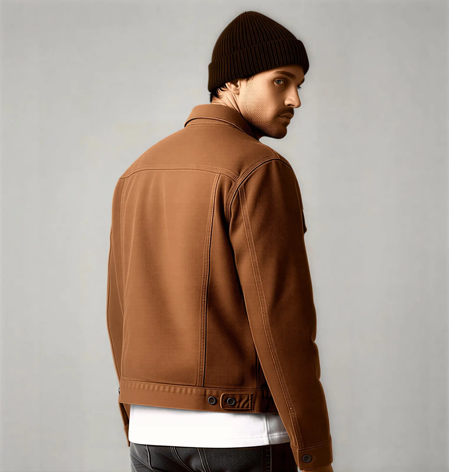 Back view of a man in a tan trucker jacket and dark brown beanie