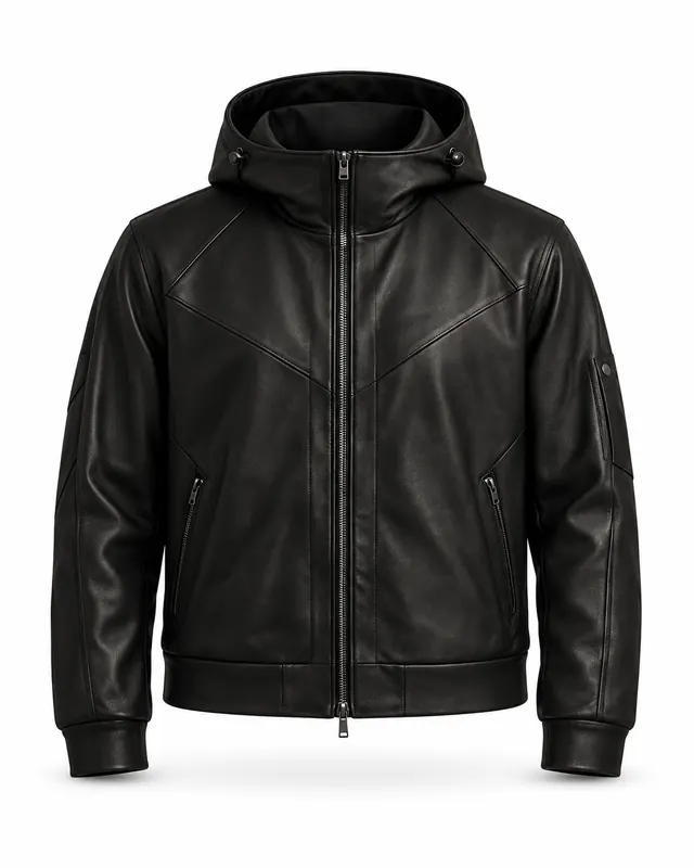 The Blade black hooded jacket, front view with a zip fastening and angular chest panels