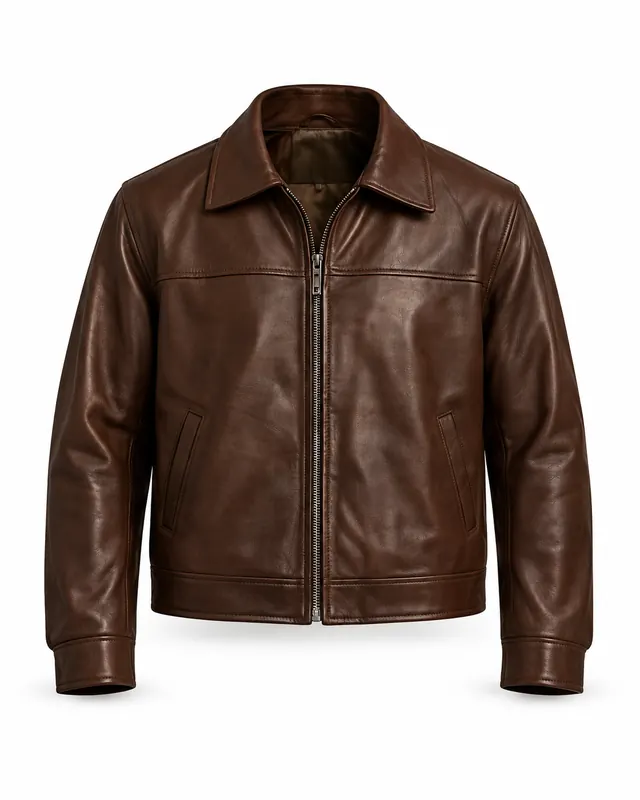 The Heritage chocolate-brown collared jacket, front view with a point collar, centre zip and side pockets