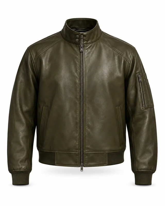 The Nomad olive-green stand collar jacket, front view with snap collar, centre zip and sleeve pocket